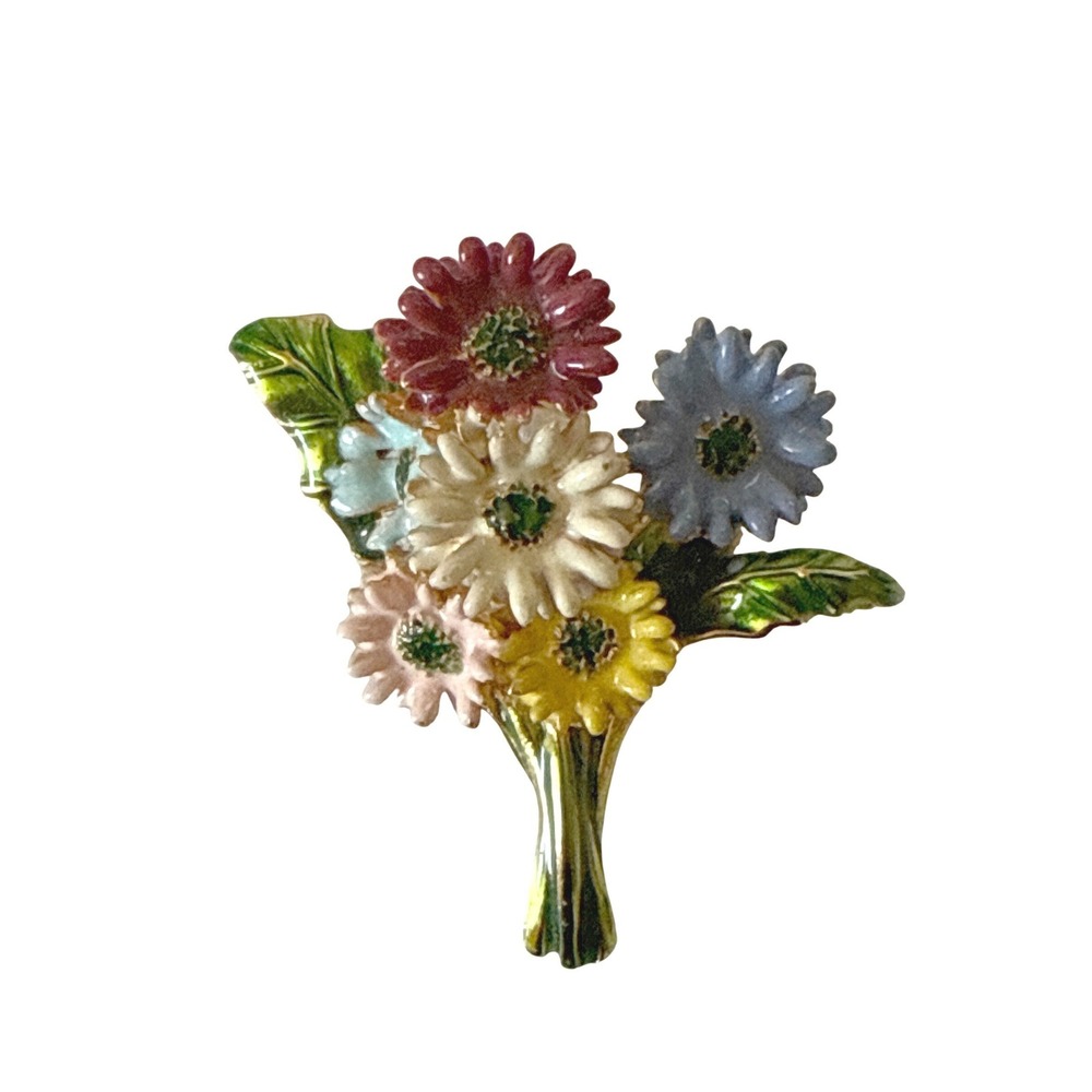 m.f.a. Vintage Enamel Multi Color Flower Bouquet Daisy Brooch Gold Tone Pin